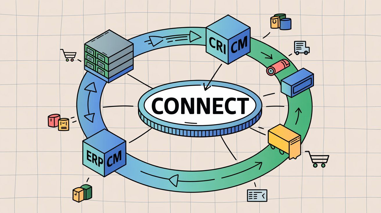 E-commerce integration ecosystem showing connected CRM and ERP systems managing customer relationships and inventory from online purchase to fulfillment