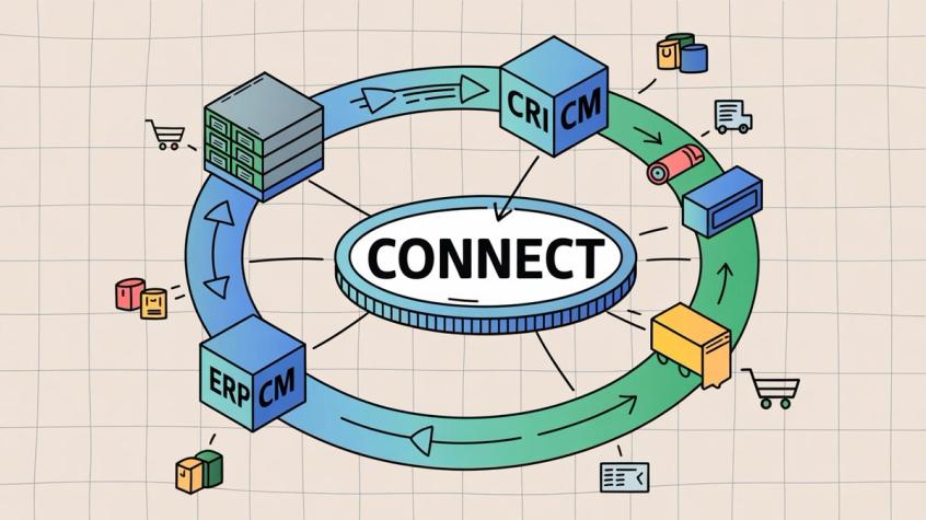 E-commerce integration ecosystem showing connected CRM and ERP systems managing customer relationships and inventory from online purchase to fulfillment
