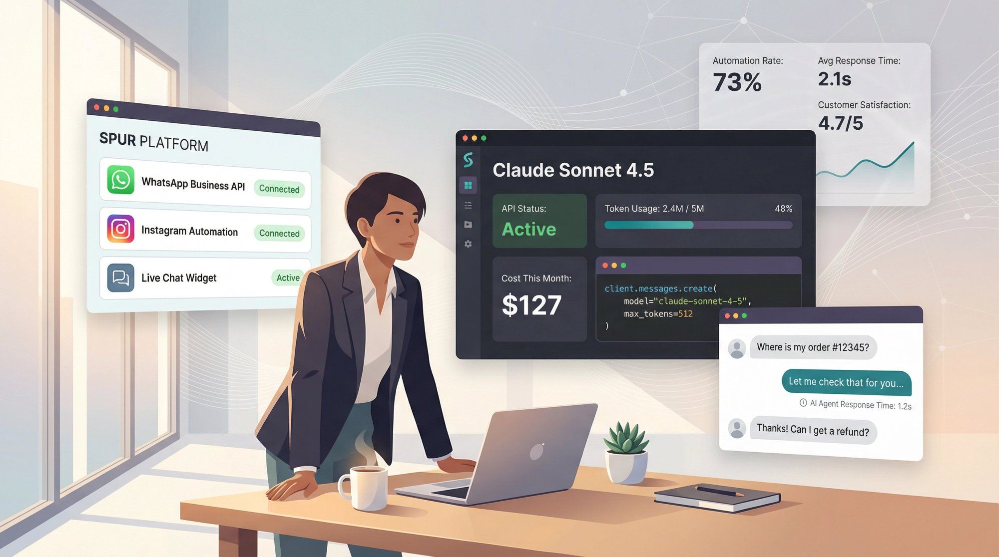 Empowering scene of developer at command center with Claude API, Spur platform, and messaging channels ready for deployment
