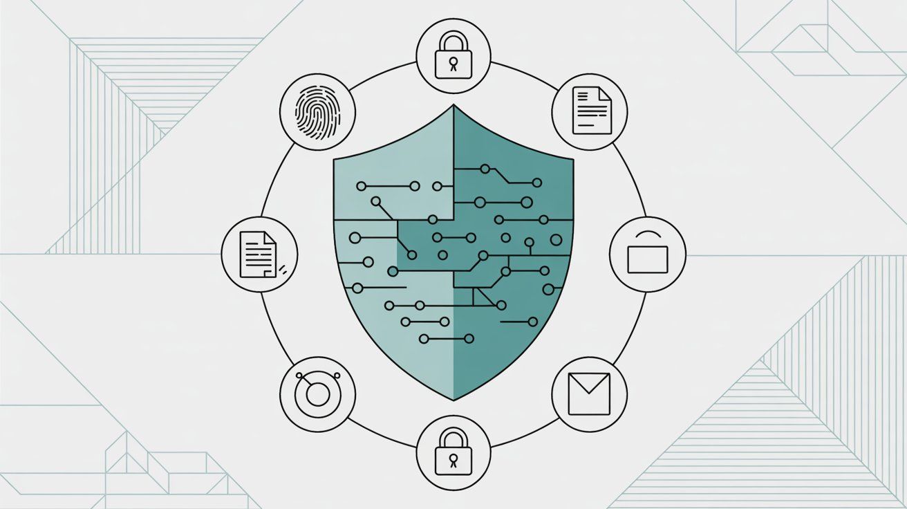 GDPR compliance shield with privacy protection and legal framework symbols