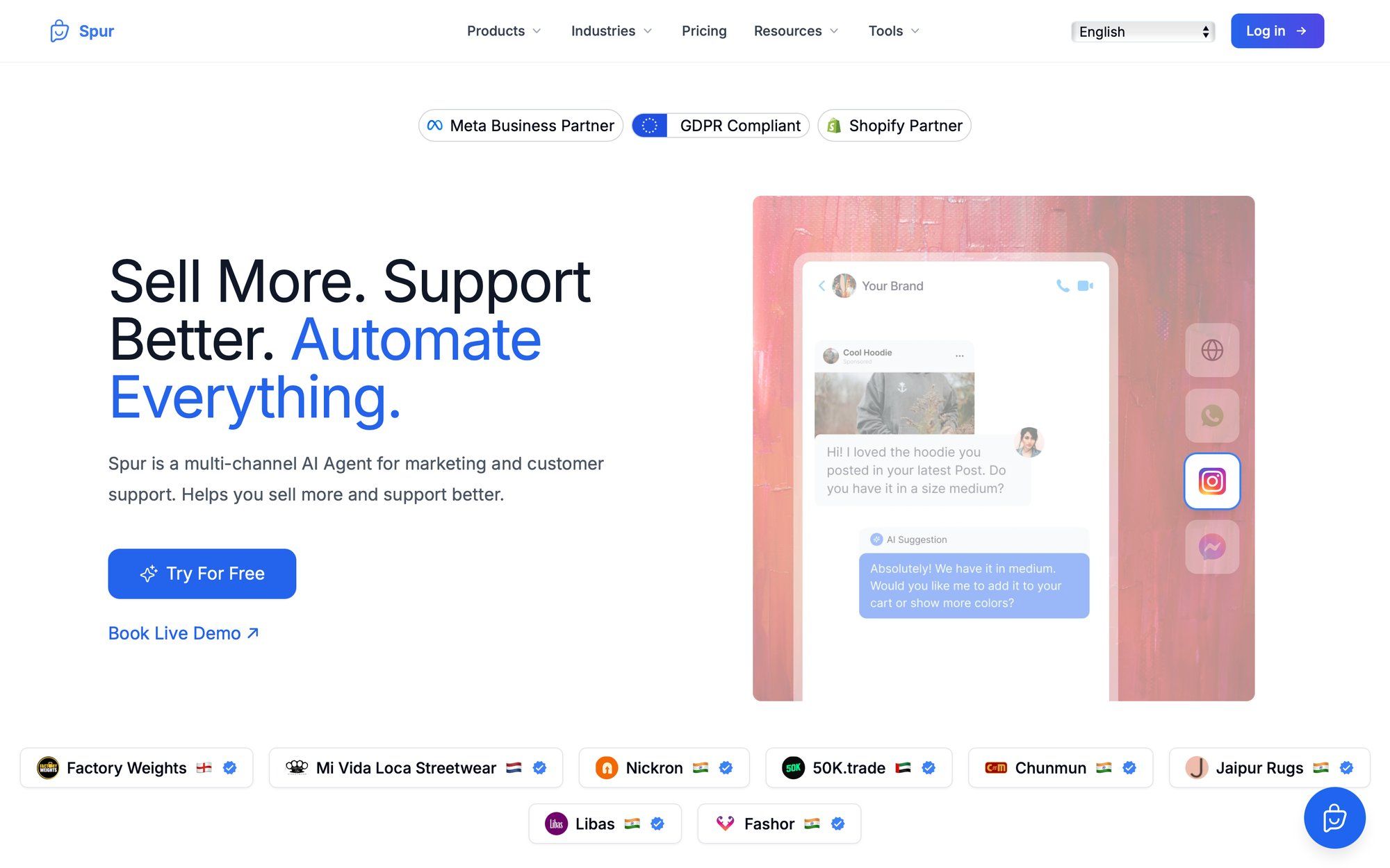 Spur website showcasing AI agent for marketing and customer support, with chat example and partner badges.