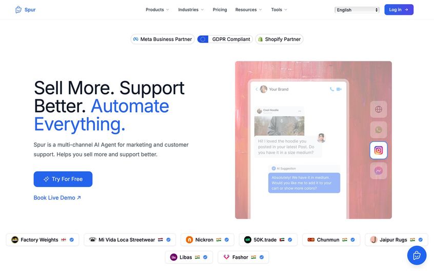 Spur website showcasing AI agent for marketing and customer support, with chat example and partner badges.