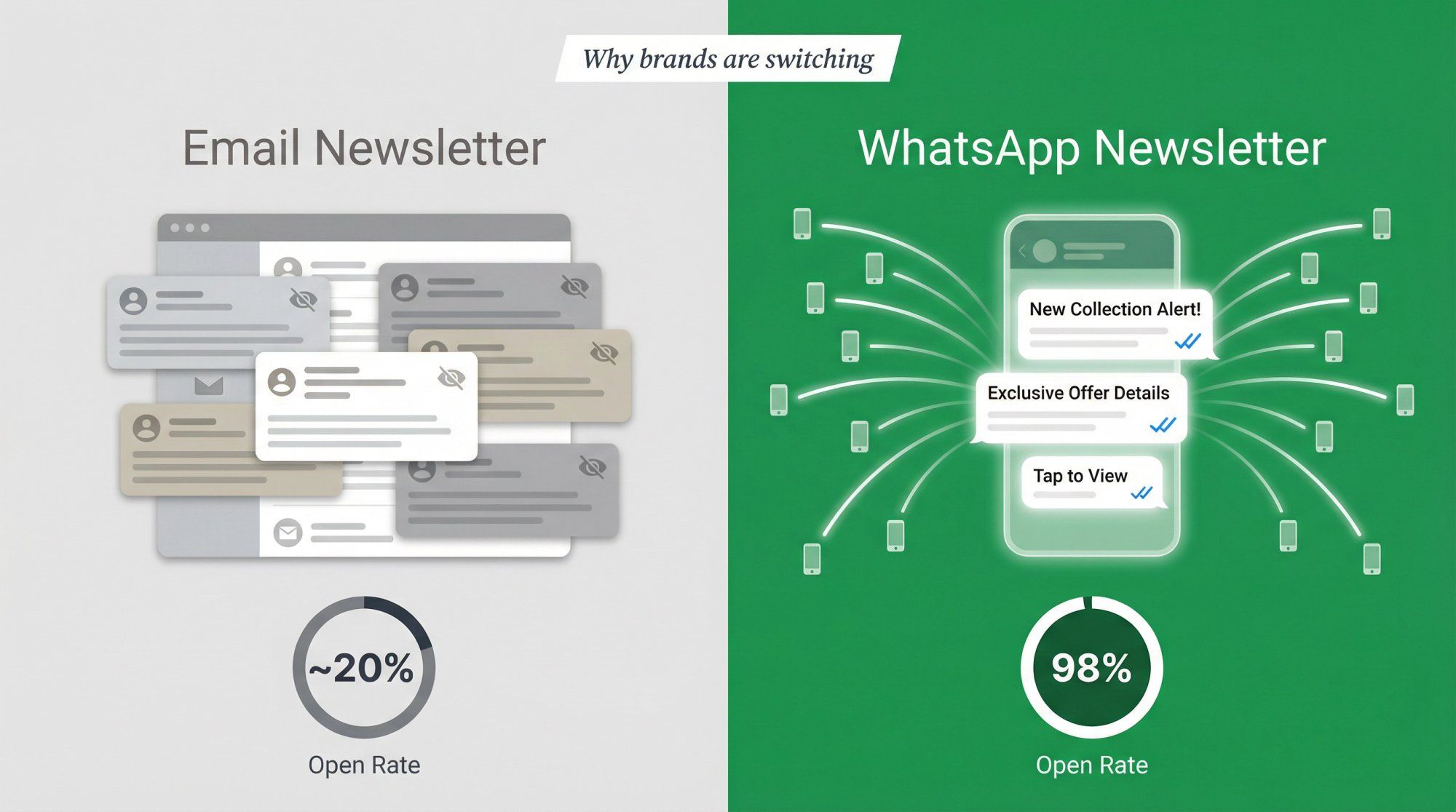 WhatsApp newsletter vs email open rates comparison: 98% WhatsApp vs 20% email, editorial illustration