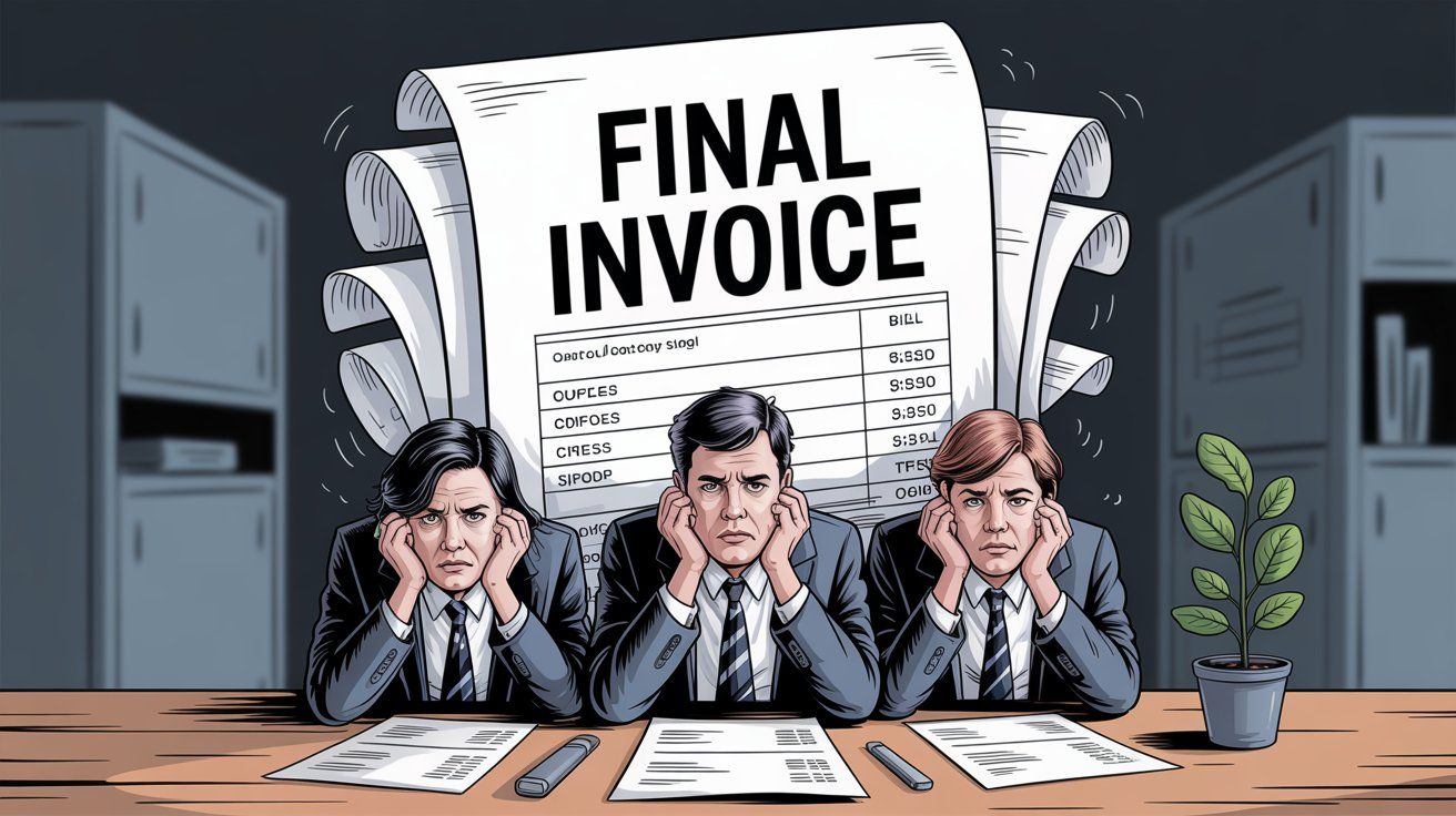 Small business team overwhelmed by enormous final invoice showing disproportionate costs
