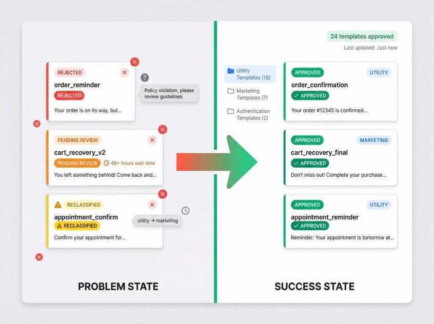 Side-by-side comparison showing WhatsApp template dashboard transformation from rejected templates to approved status