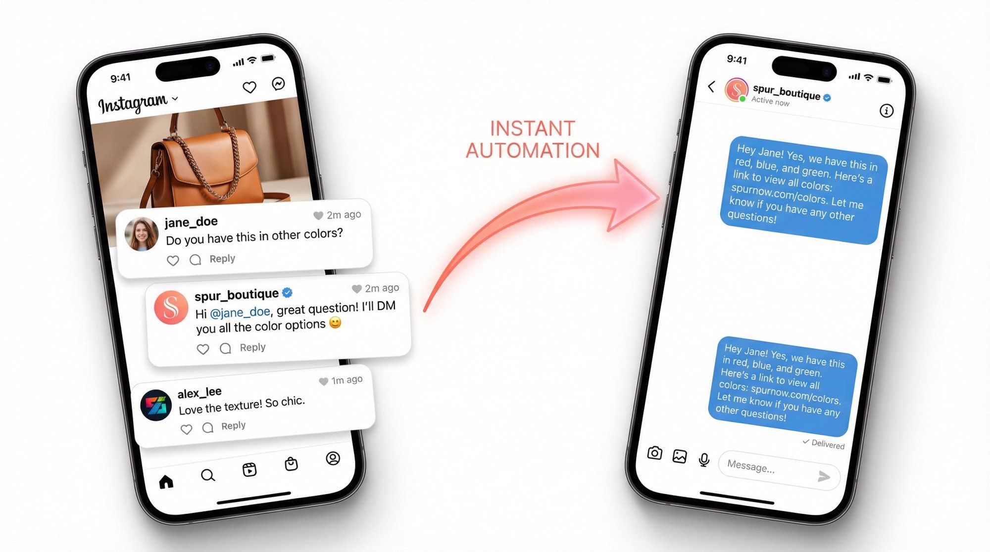 Split-screen Instagram UI showing automated comment reply transitioning to detailed DM with product information