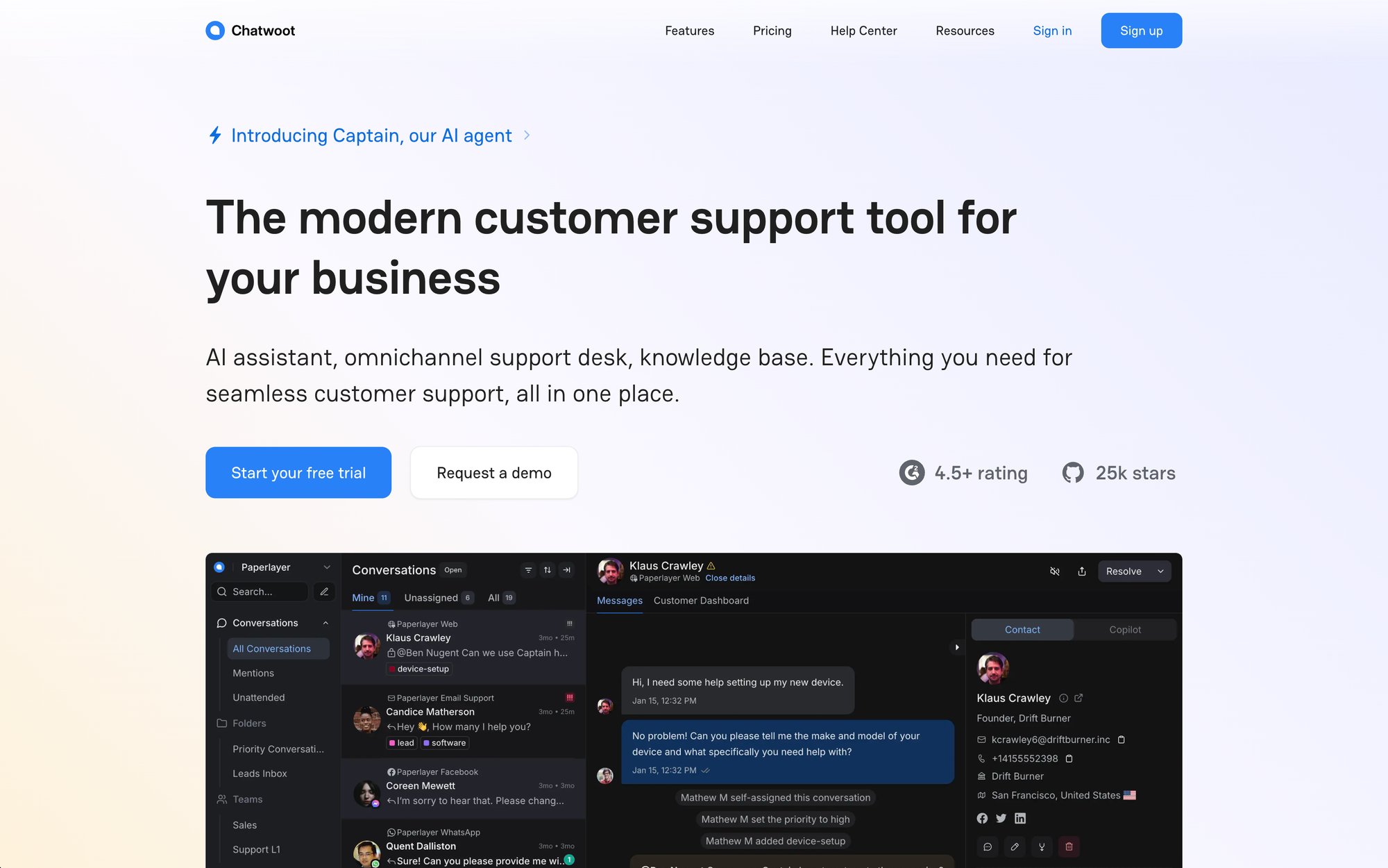 A website promoting Chatwoot, an AI-powered customer support tool, with a screenshot of its interface.
