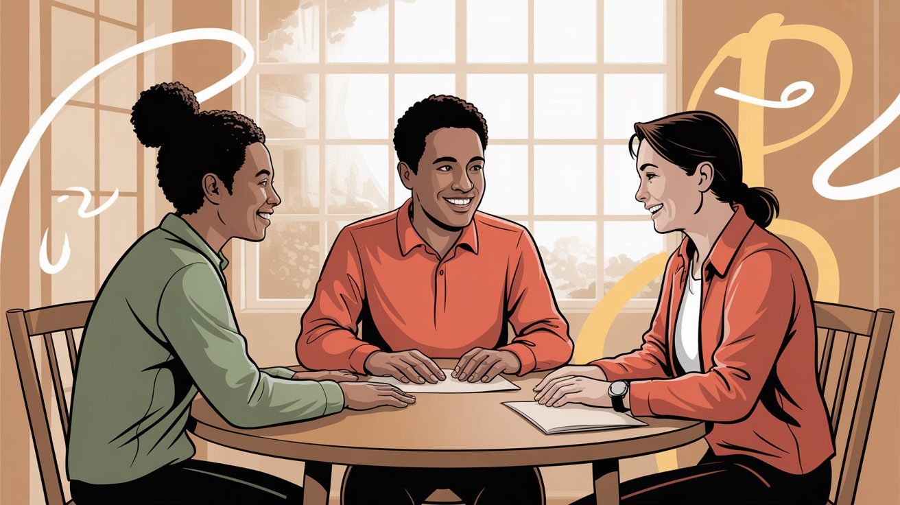 Customer service representative helping customers in warm, collaborative setting with focus on building relationships