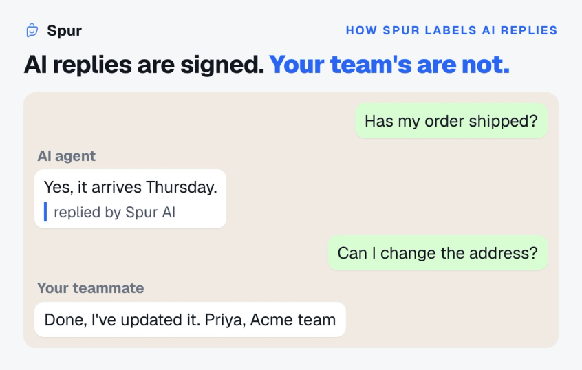 WhatsApp chat where the AI agent reply ends with a replied by Spur AI line and a later reply from a teammate carries no AI label