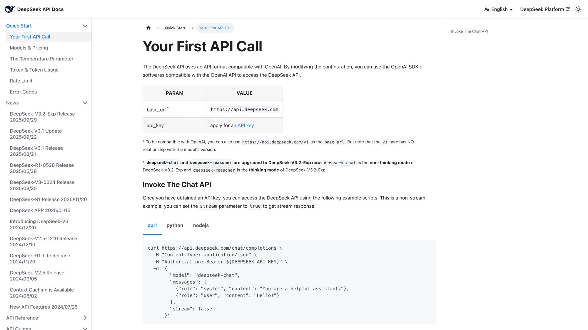DeepSeek API official documentation homepage showing getting started guide, models overview, and endpoint reference