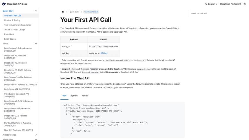 DeepSeek API official documentation homepage showing getting started guide, models overview, and endpoint reference