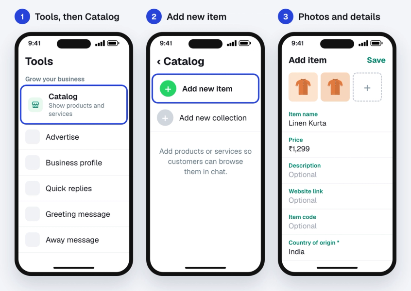 Three WhatsApp Business app screens: the Tools tab with Catalog, the empty catalogue with Add new item, and the item form with images, name, price and country of origin
