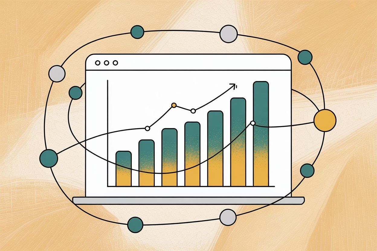 Hand-drawn illustration showing e-commerce multi-channel automation dashboard with connected platforms and revenue tracking