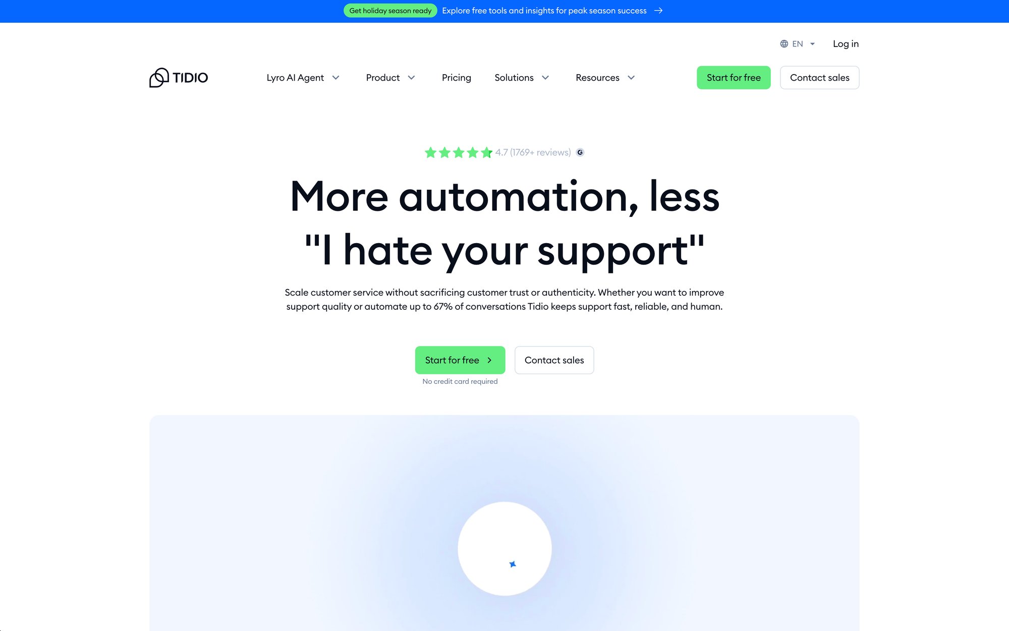 Tidio's homepage features the slogan 'More automation, less 'I hate your support'' and signup buttons.