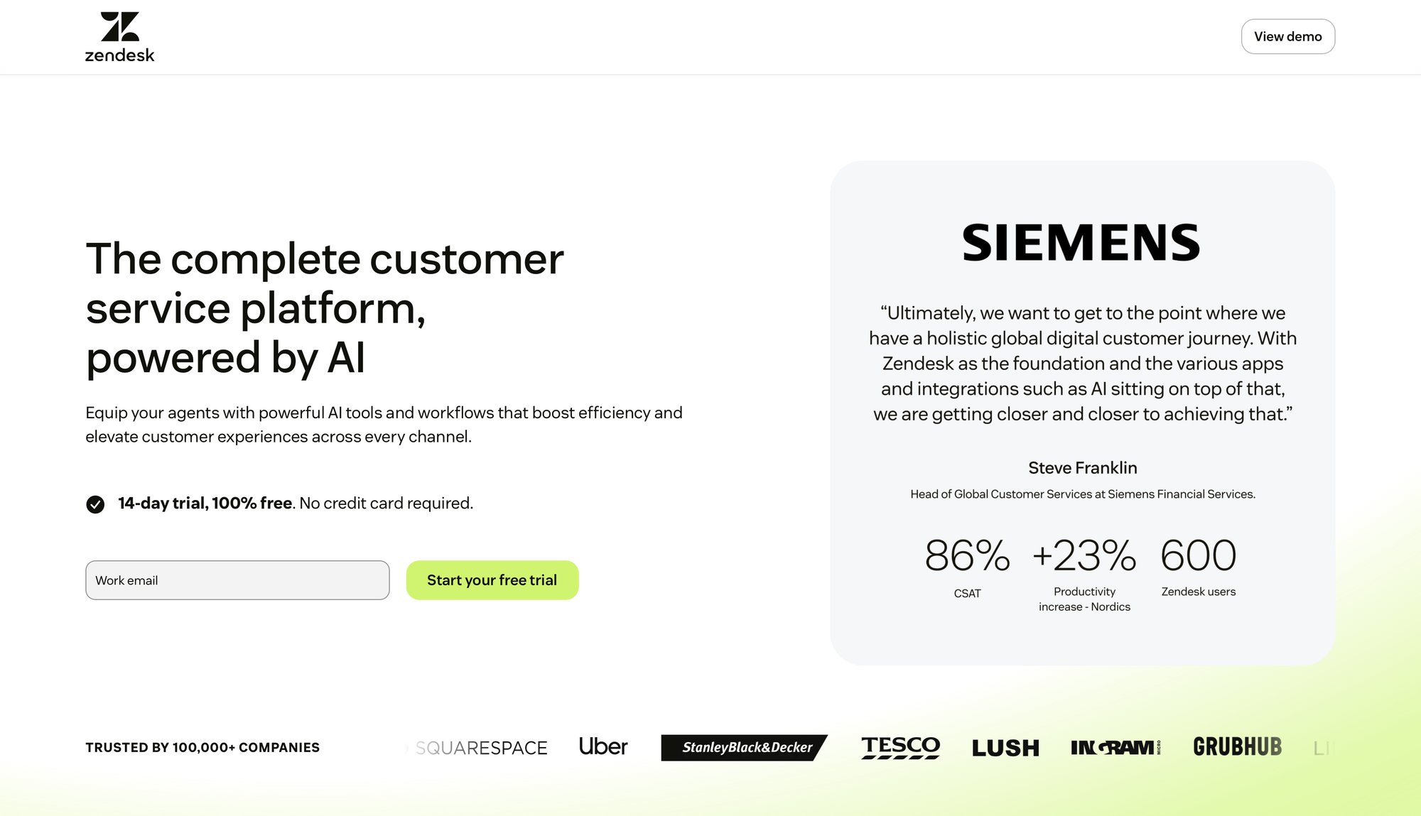 Zendesk landing page promoting its AI-powered customer service platform with a free trial and Siemens testimonial.