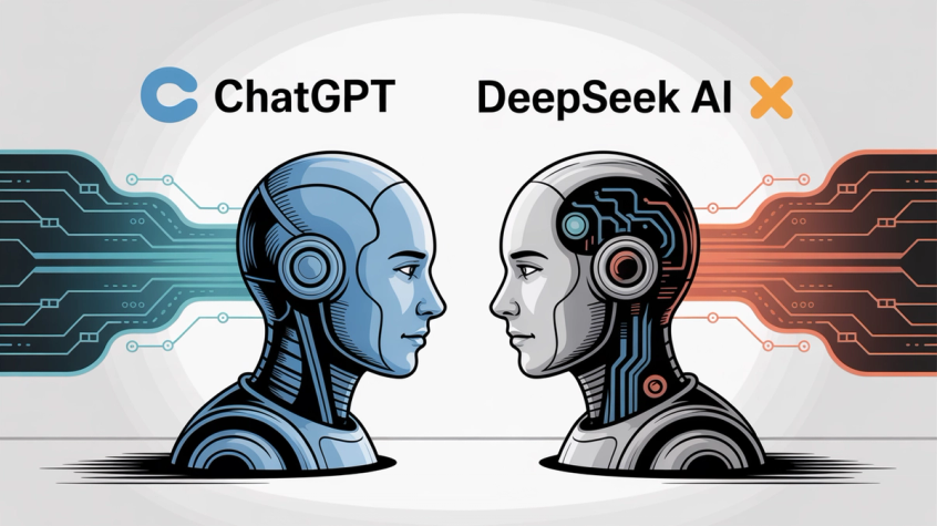 DeepSeek vs ChatGPT AI comparison showing two advanced AI entities facing each other in professional editorial style