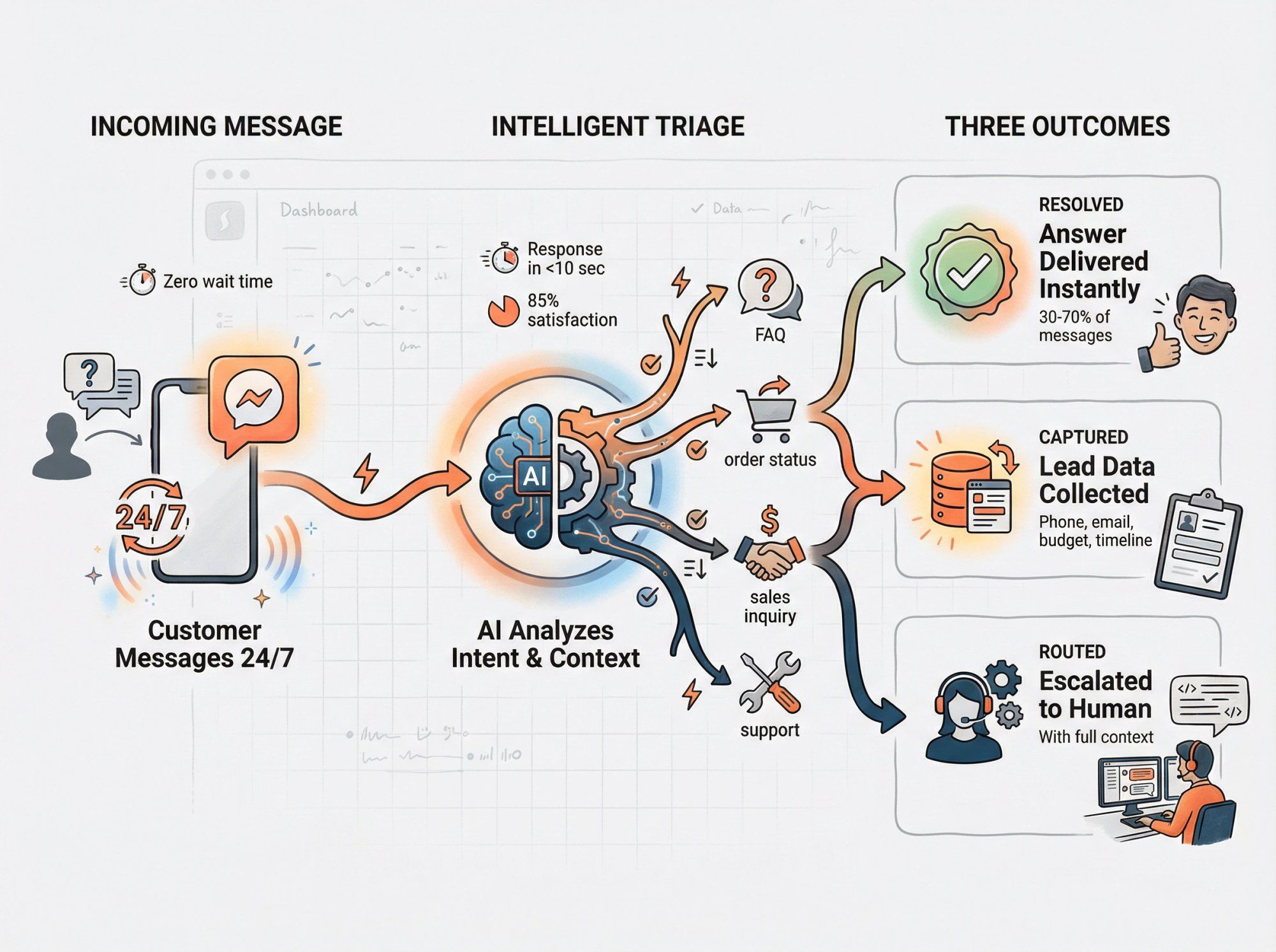 Visual diagram showing Messenger automation workflow from incoming message through AI triage to three outcomes: resolved automatically, lead captured, or routed to human agent