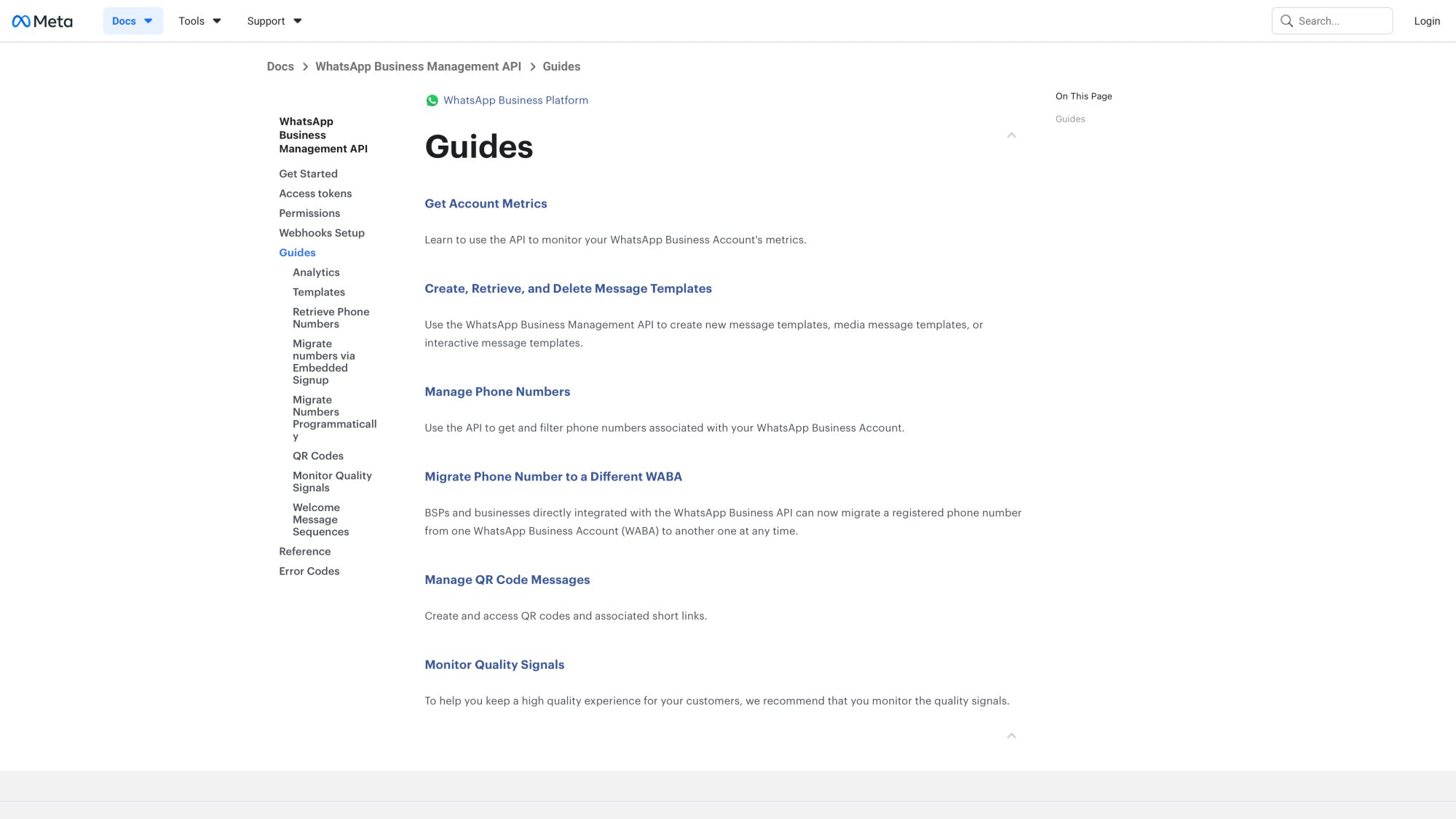 Meta for Developers documentation page for WhatsApp Business Management API guides and technical references