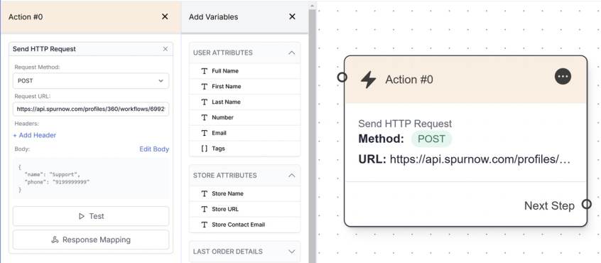 Image showing the configuration screen of the Send Custom Request Action on Spur