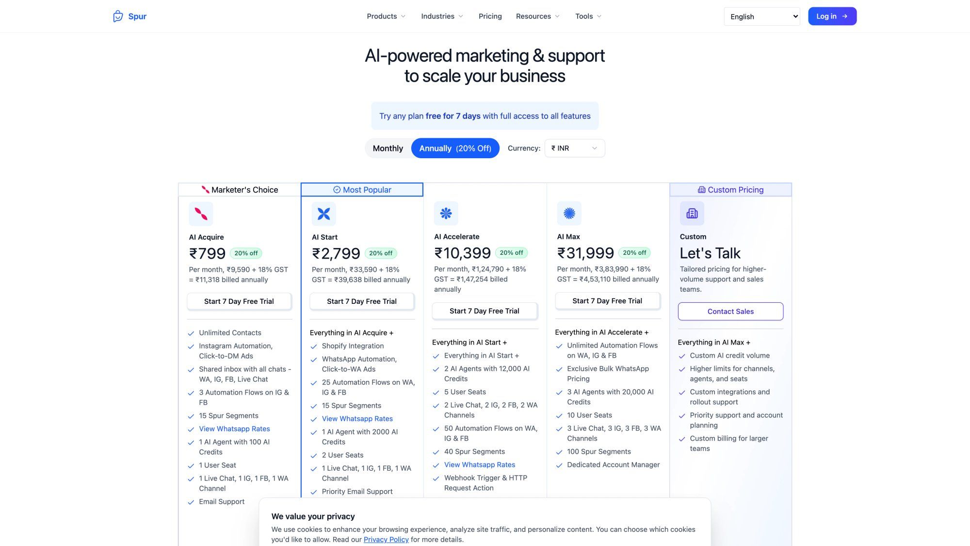 Spur pricing page showing AI Acquire, AI Start, AI Accelerate, and AI Max plans with features and 7-day free trial