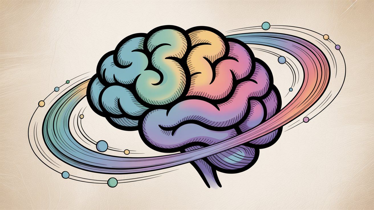 Colorful illustrated brain with orbital connections representing Google Gemini's multimodal AI capabilities