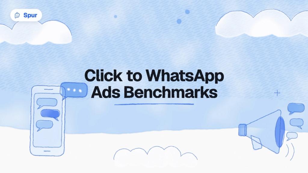 Watercolour illustration of a megaphone and a phone with chat bubbles under the title Click to WhatsApp Ads Benchmarks