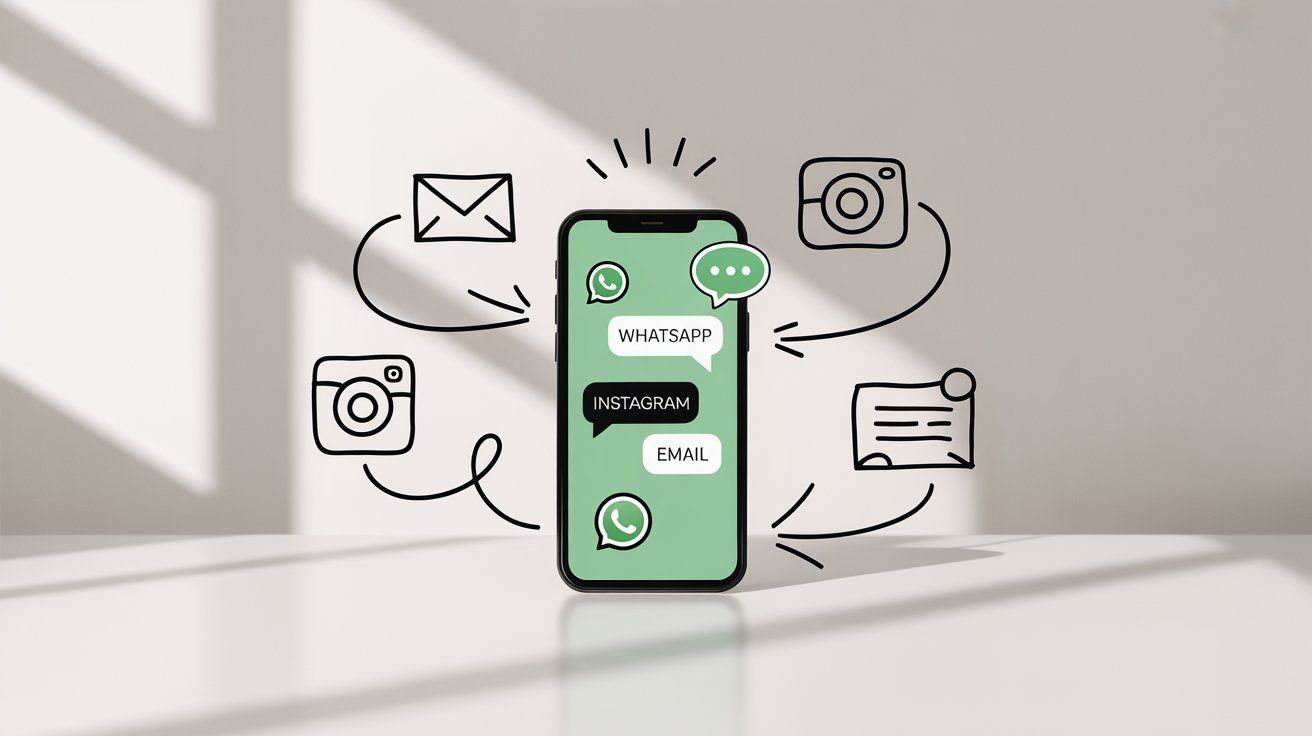 Multi-channel communication showing WhatsApp, Instagram, email, and live chat integration in a unified platform