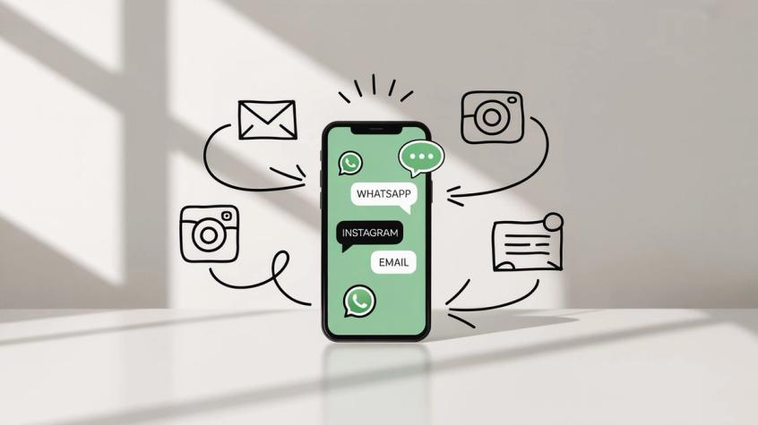 Multi-channel communication showing WhatsApp, Instagram, email, and live chat integration in a unified platform