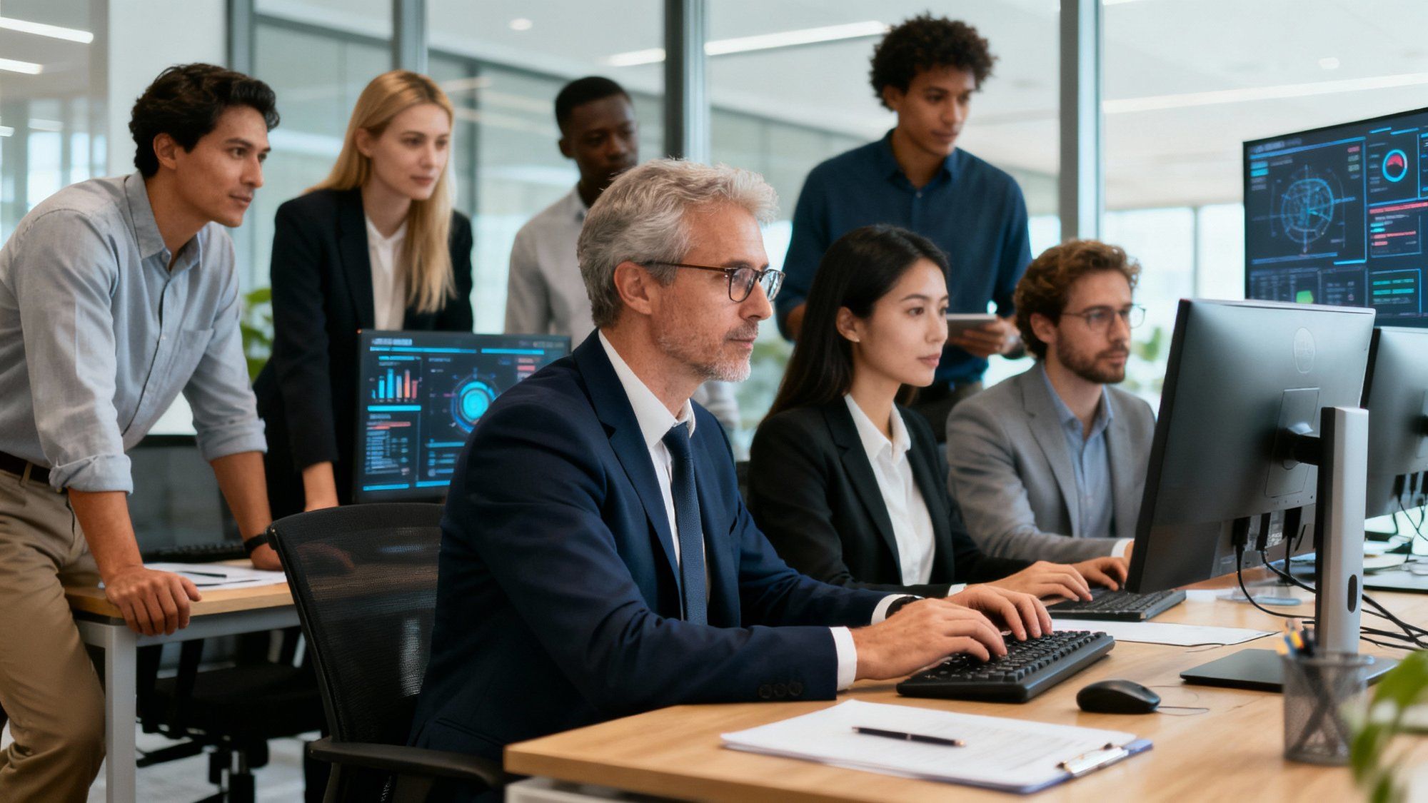 Professional business team collaborating on technology implementation with modern CRM and ERP systems in office environment