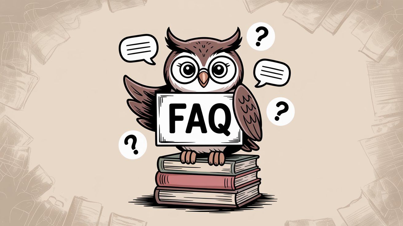 Illustration of a wise owl holding an FAQ sign while perched on a stack of books, surrounded by question marks, representing helpful answers and knowledge support