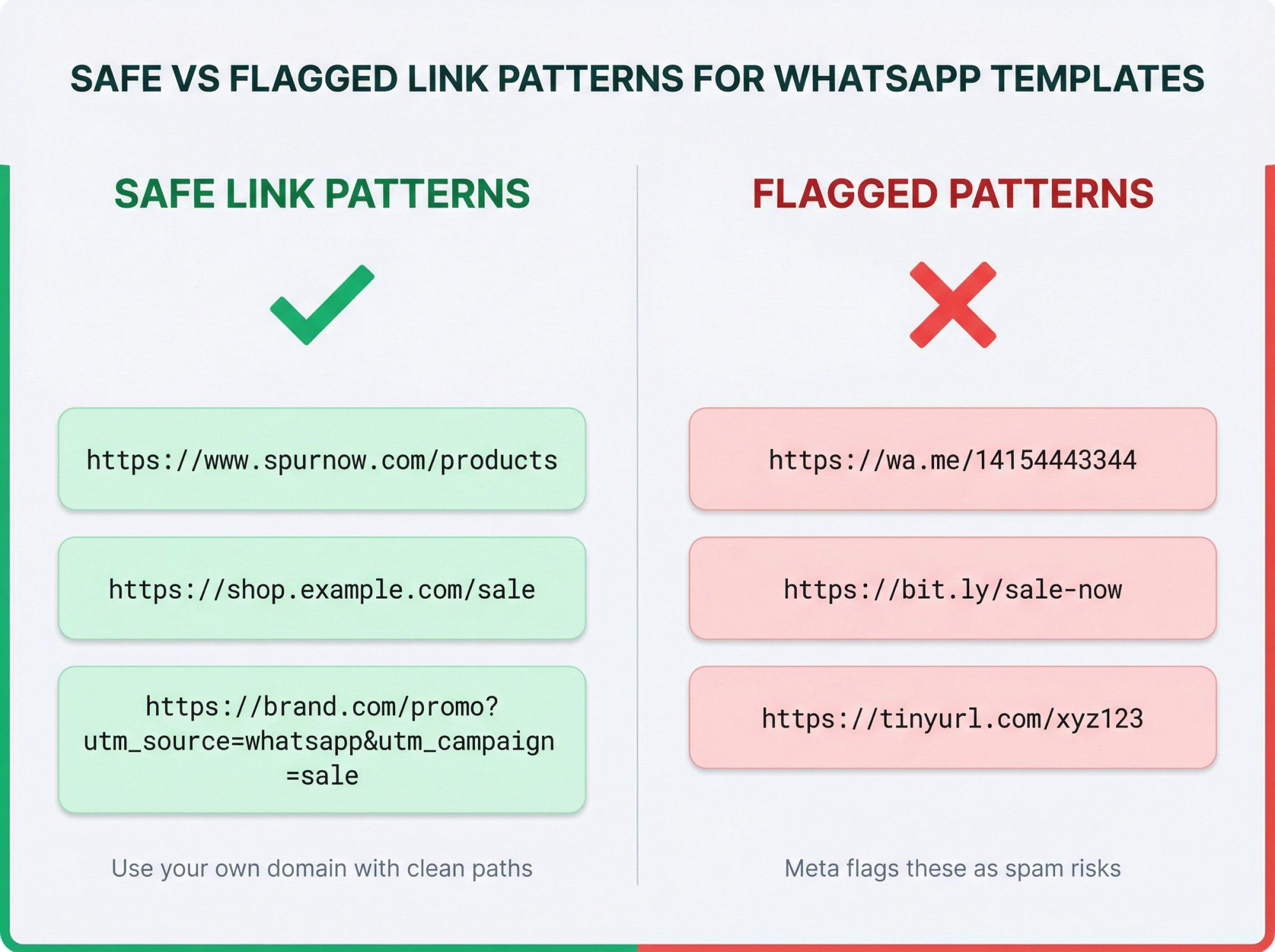 Side-by-side comparison showing safe link patterns (own domain, clean URLs) vs flagged patterns (shorteners, wa.me links)