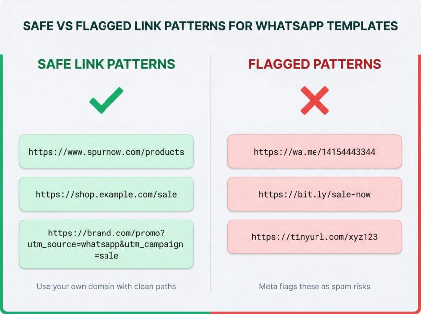 Side-by-side comparison showing safe link patterns (own domain, clean URLs) vs flagged patterns (shorteners, wa.me links)