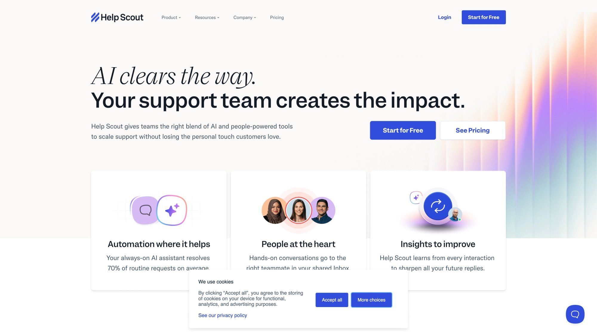 Help Scout homepage showing its AI-and-human support platform with "AI clears the way" hero and three core value pillars