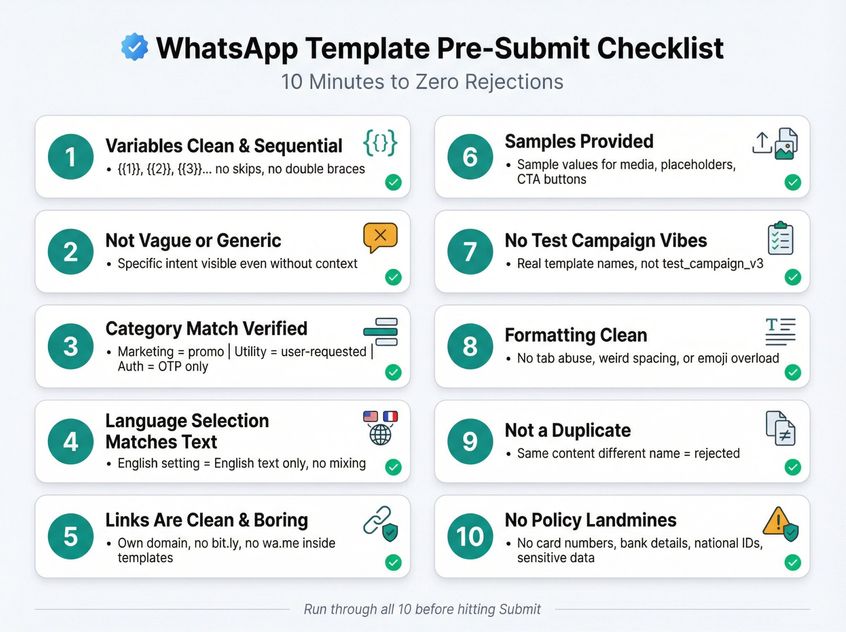 Visual checklist showing 10 critical WhatsApp template validation steps before submission