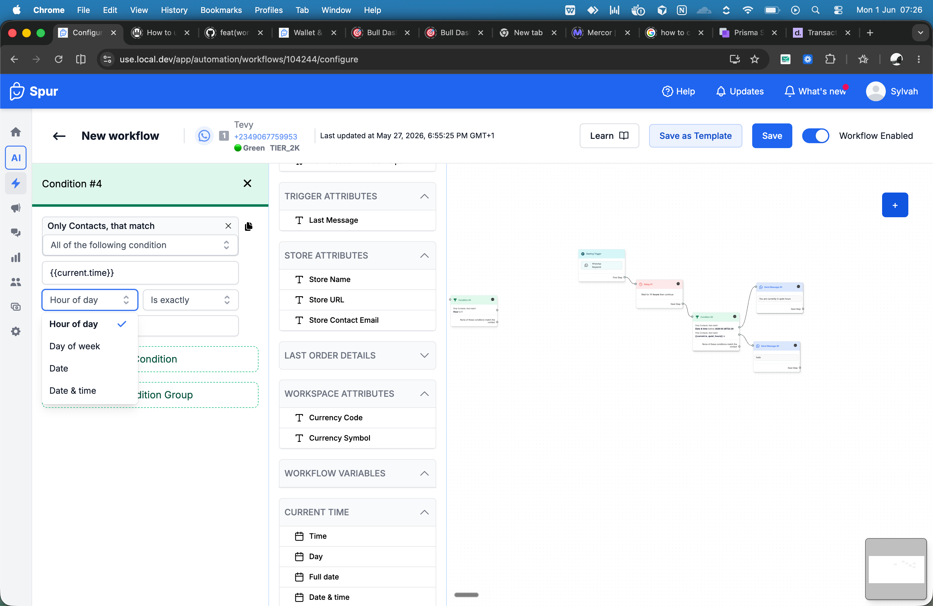 Spur workflow editor displaying the {{current.time}} variable menu with Hour of day, Day of week, and Date options.
