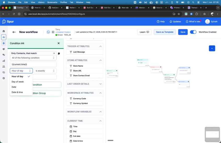 Spur workflow editor displaying the {{current.time}} variable menu with Hour of day, Day of week, and Date options.