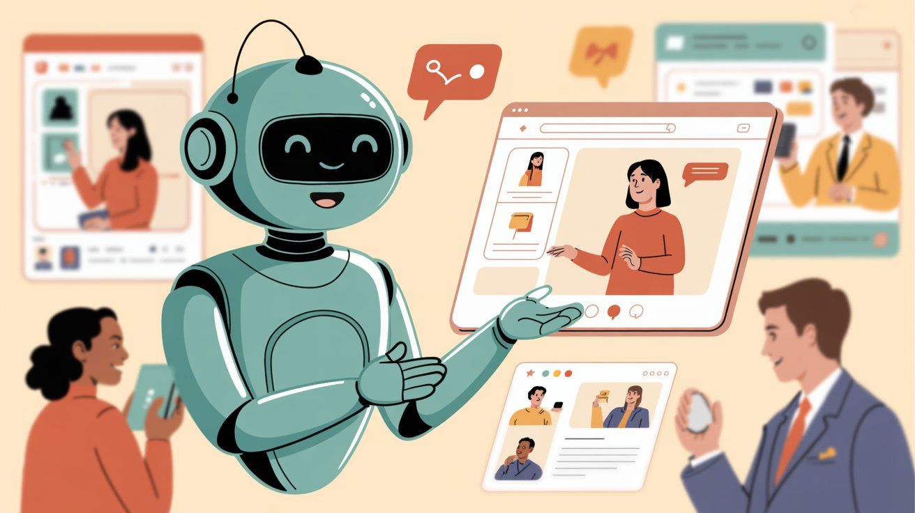 Friendly robot chatbot surrounded by diverse business scenarios including e-commerce, video calls, and team collaboration, illustrating versatile chatbot applications