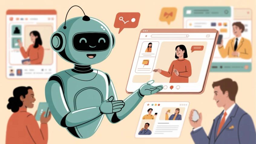 Friendly robot chatbot surrounded by diverse business scenarios including e-commerce, video calls, and team collaboration, illustrating versatile chatbot applications