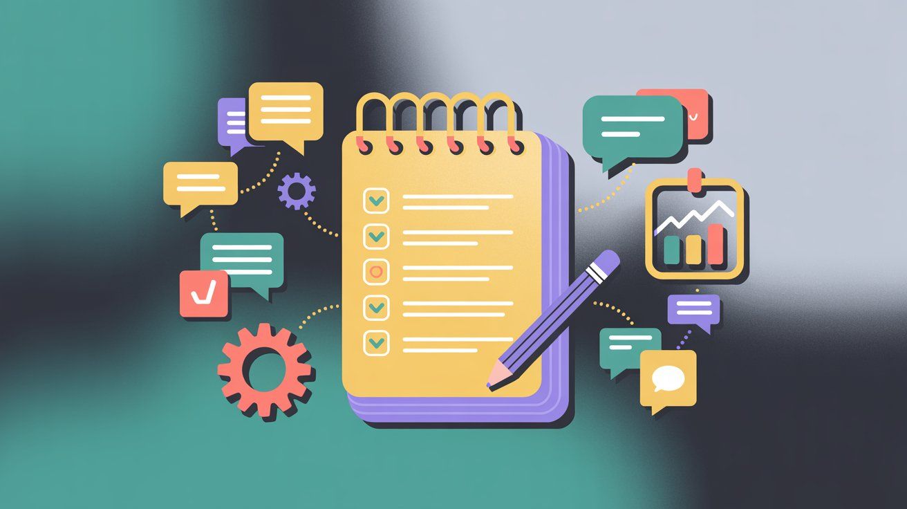 Chatbot best practices checklist with strategy icons including chat bubbles, settings gears, analytics, and optimization symbols