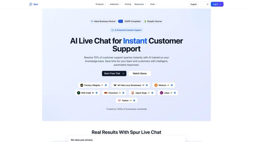 Spur AI Live Chat product page showing hero headline, Meta Business Partner and Shopify Partner badges, Start Free Trial CTA, and trusted customer logos