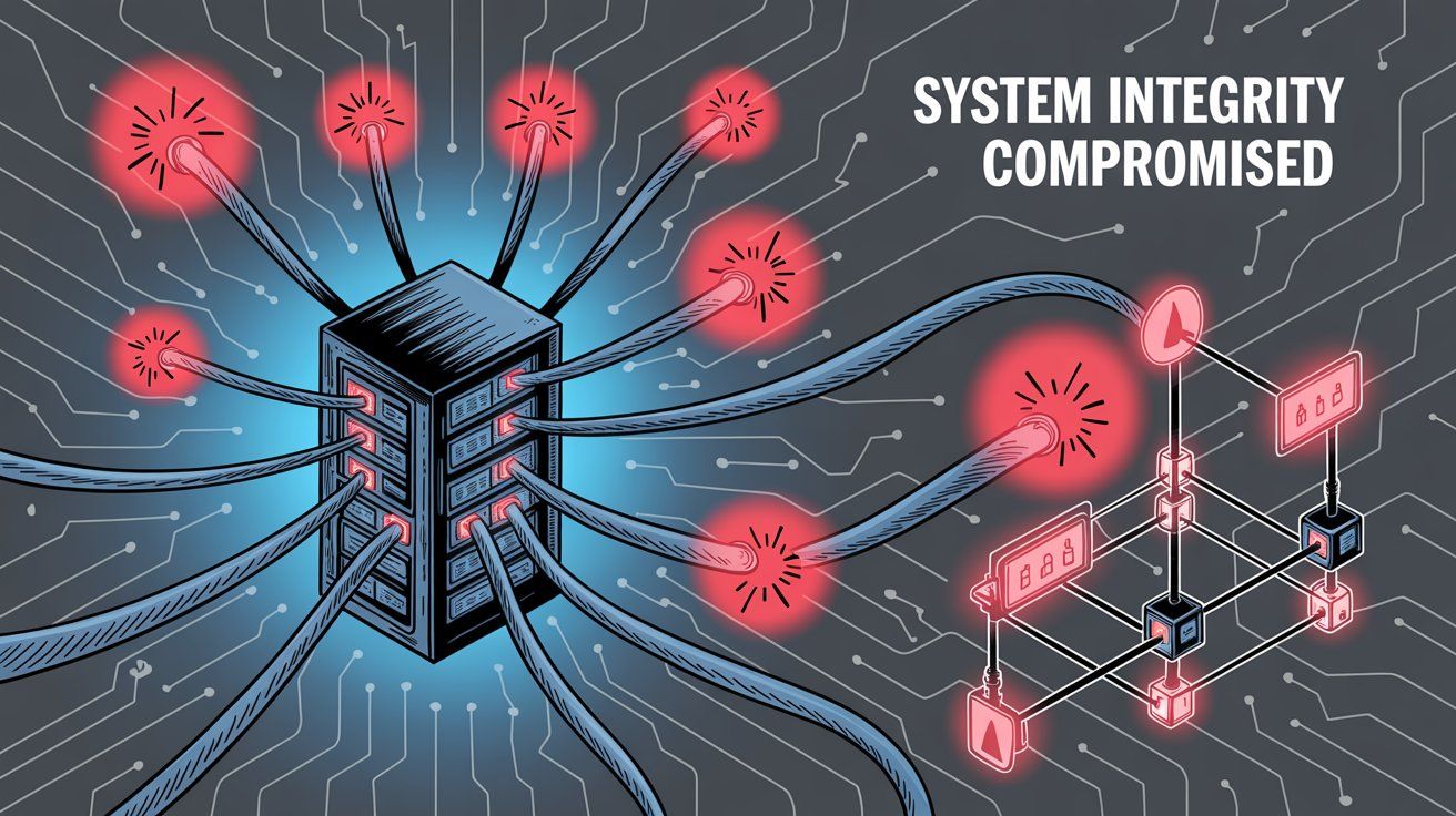 Interconnected system architecture showing multiple failure points and dependencies