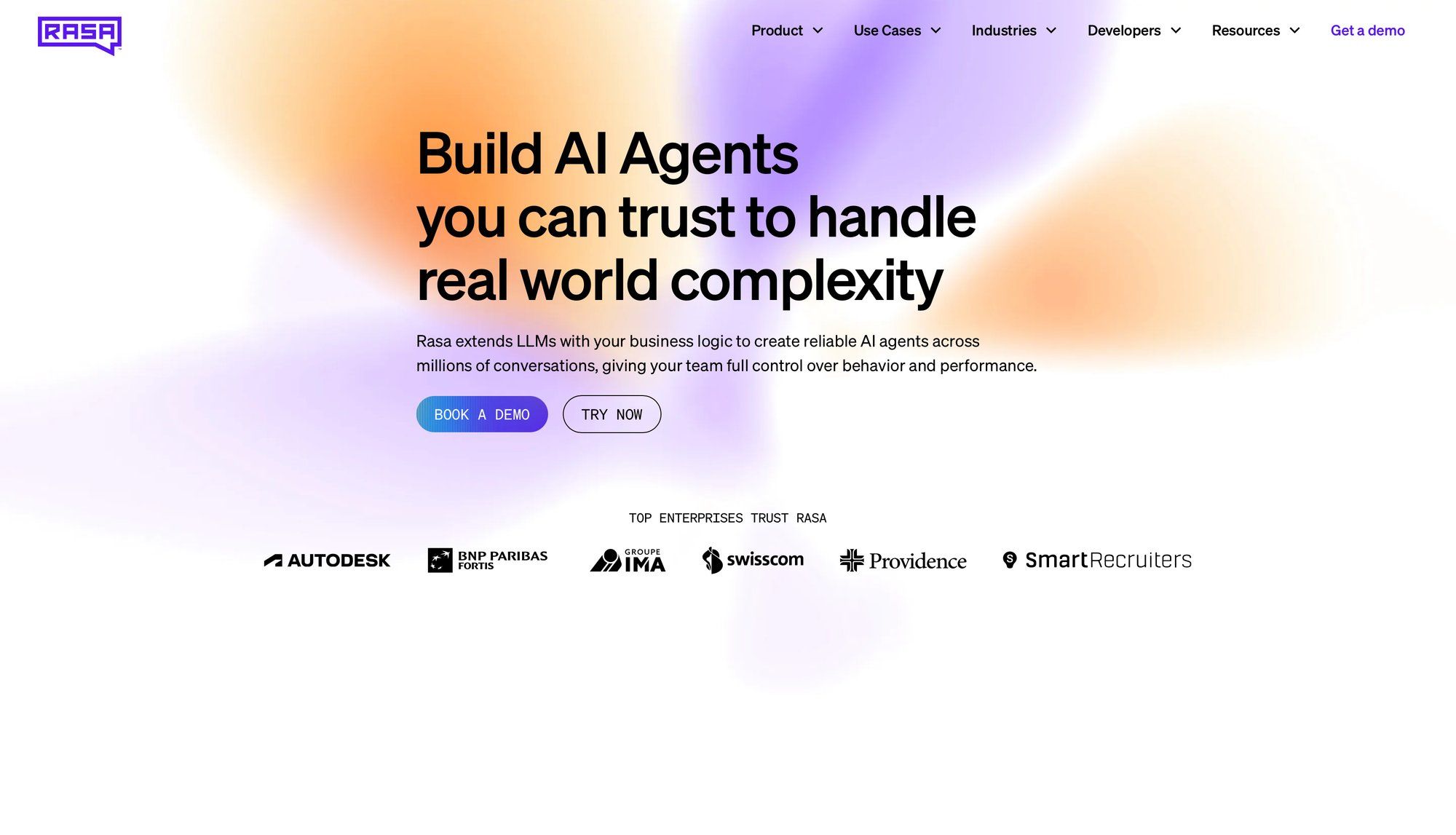 Rasa AI website hero section showing headline 'Build AI Agents' with call-to-action buttons and enterprise logos.