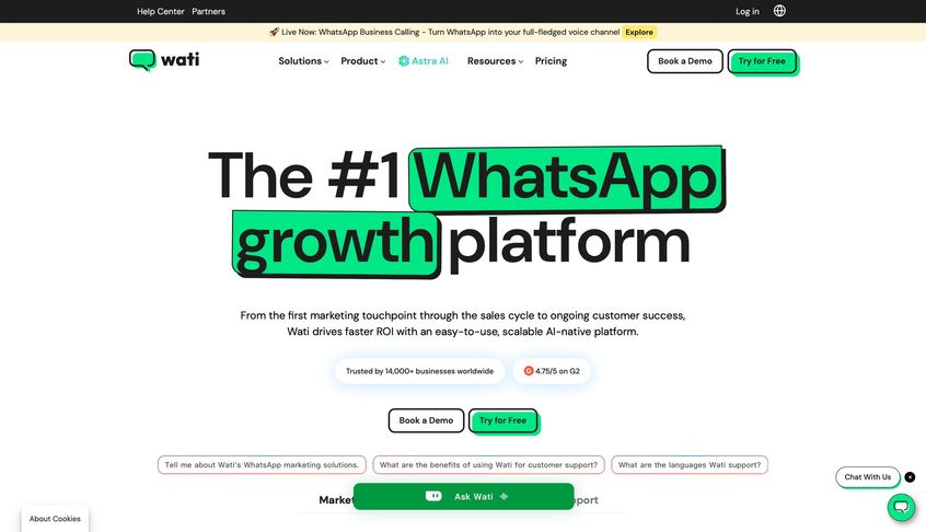 Wati's homepage showcasing their AI-native WhatsApp growth platform, trusted by businesses for marketing and support.