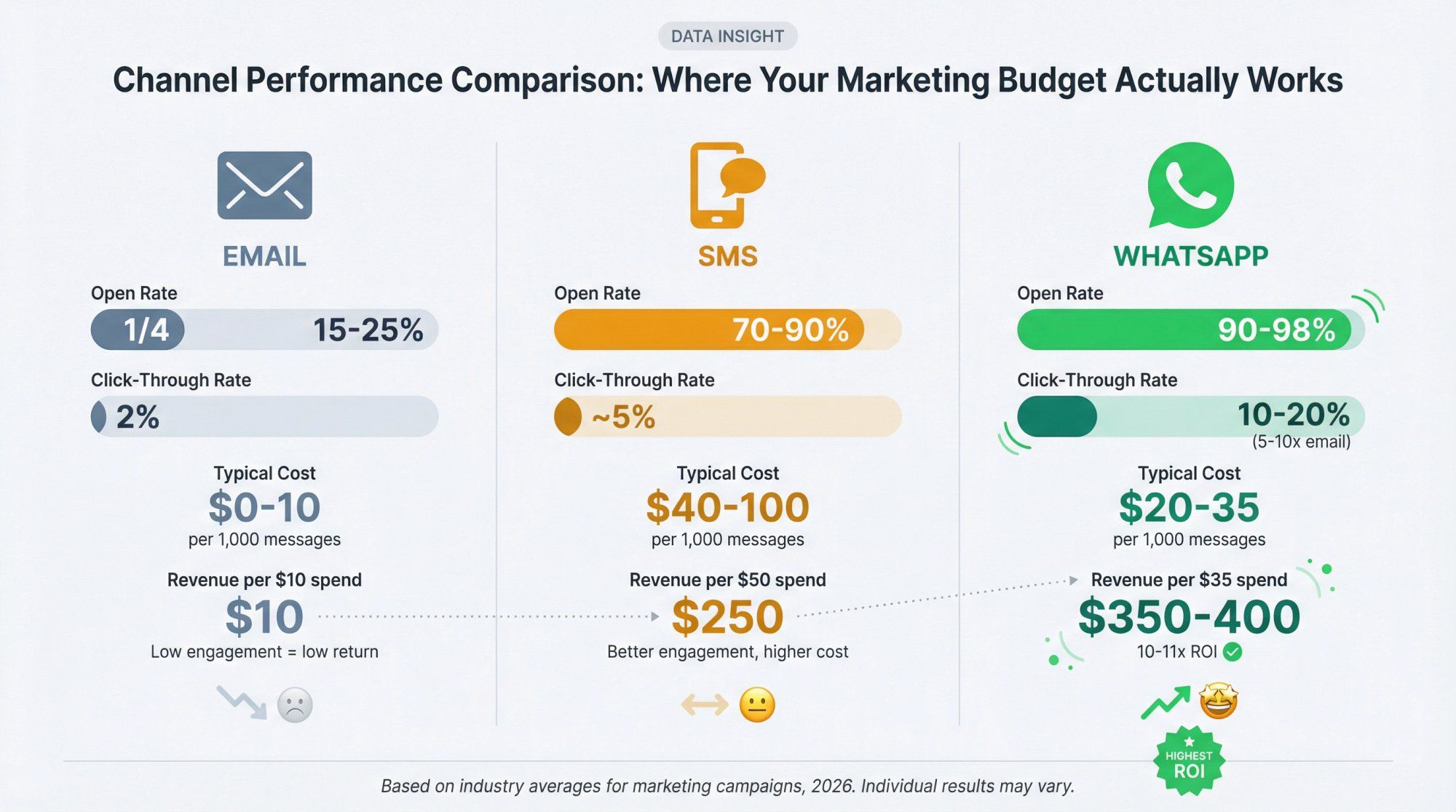 WhatsApp vs Email vs SMS: engagement rates and ROI comparison showing WhatsApp's 90-98% open rate advantage