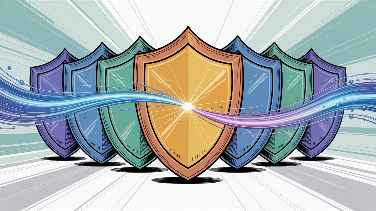 Security and privacy framework showing protection shields and data safety measures in hand-drawn style