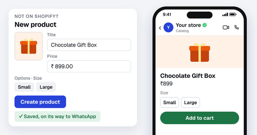 A new product is added in Spur with a title, price, sizes and a photo, saved, and then shown in the customer's WhatsApp catalog