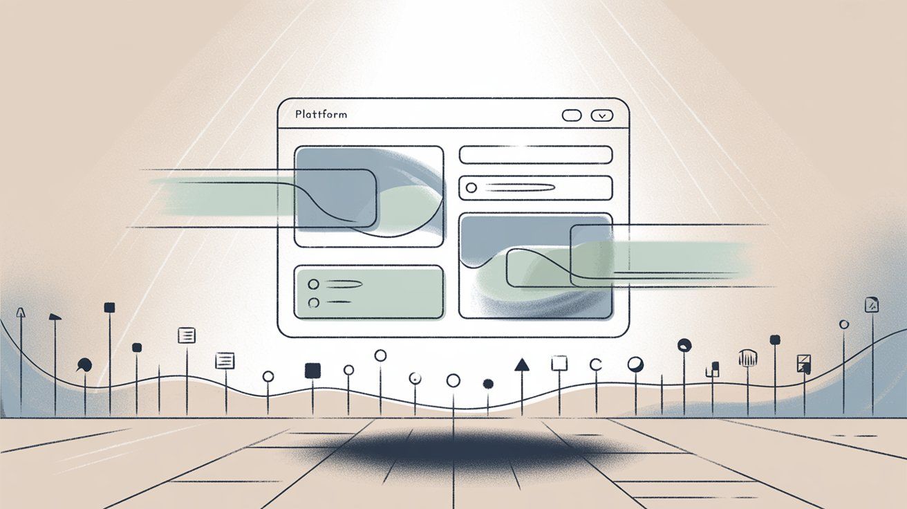 Platform dashboard interface showing feature-rich chatbot management system in professional editorial illustration style