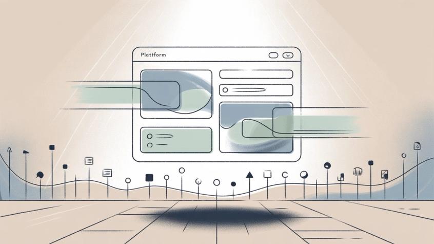 Platform dashboard interface showing feature-rich chatbot management system in professional editorial illustration style