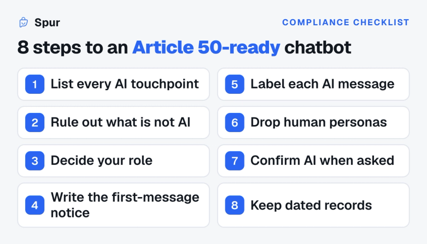 Eight step checklist for EU AI Act Article 50 chatbot compliance, from listing every AI touchpoint to keeping dated records of disclosure settings