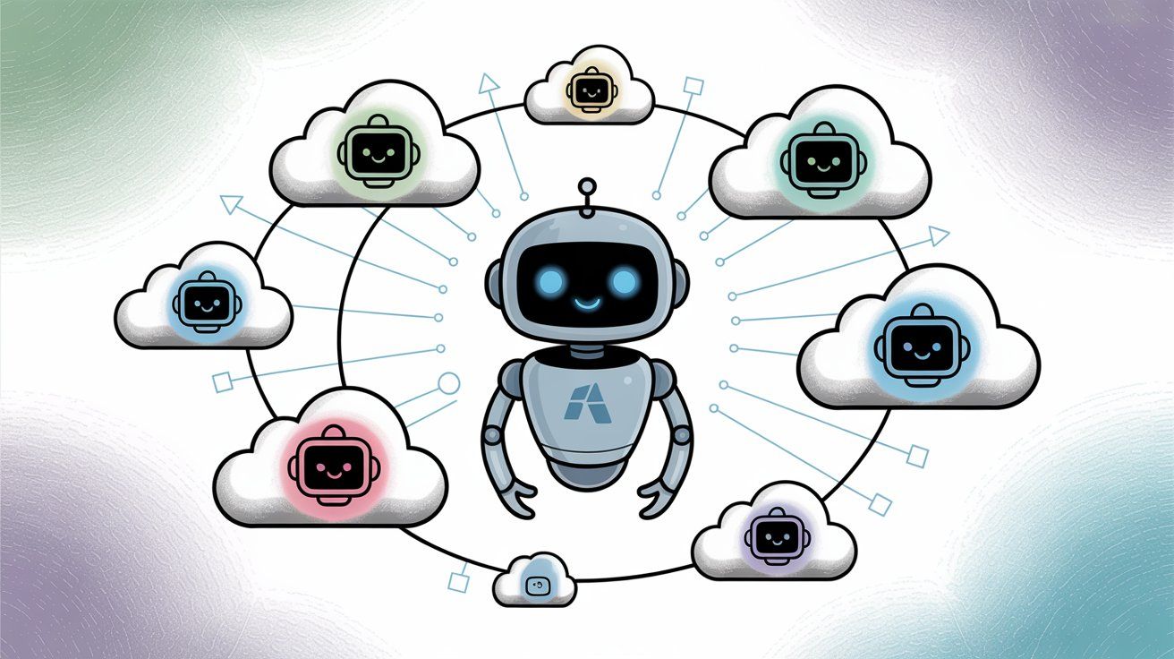 Microsoft Bot Framework ecosystem showing Azure cloud integration, multiple channel connectors, and enterprise-grade bot deployment capabilities
